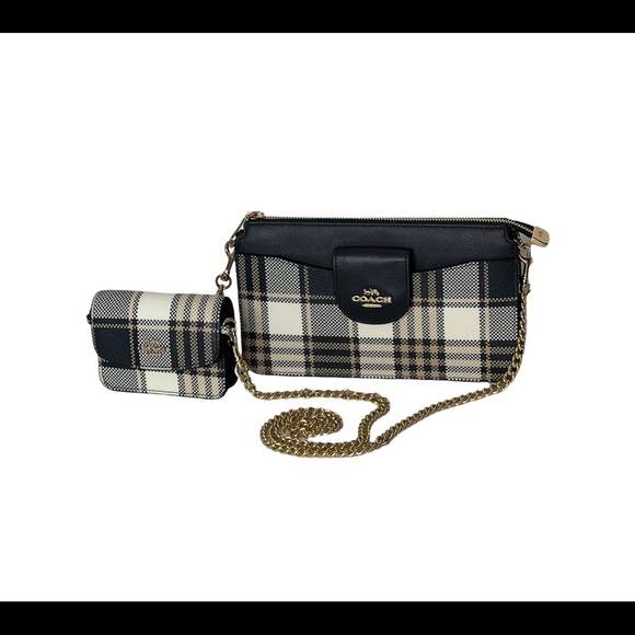Coach Womens Crossbody Bag With Pouch Coin Bag Chain Strap Poppy Plaid Leather - Picture 9 of 15